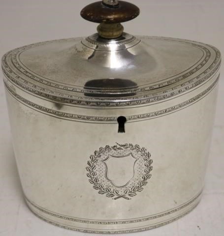 Appraisal: GEORGIAN SILVER TEA CADDY WITH ENGRAVEDDECORATION PROBABLY HENRY CHAWNER LONDON