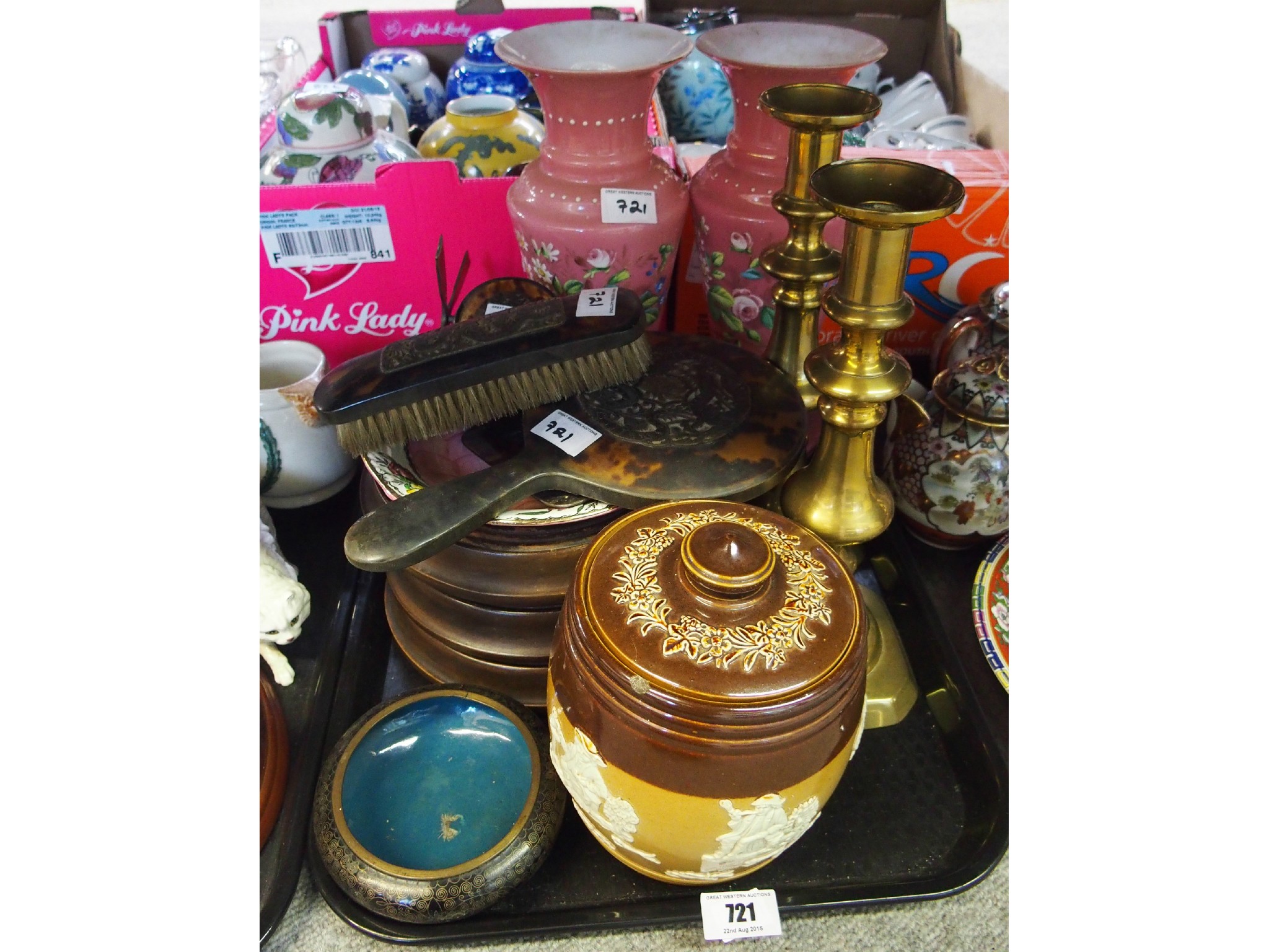 Appraisal: Tray comprising Royal Doulton stoneware biscuit barrel pair of brass