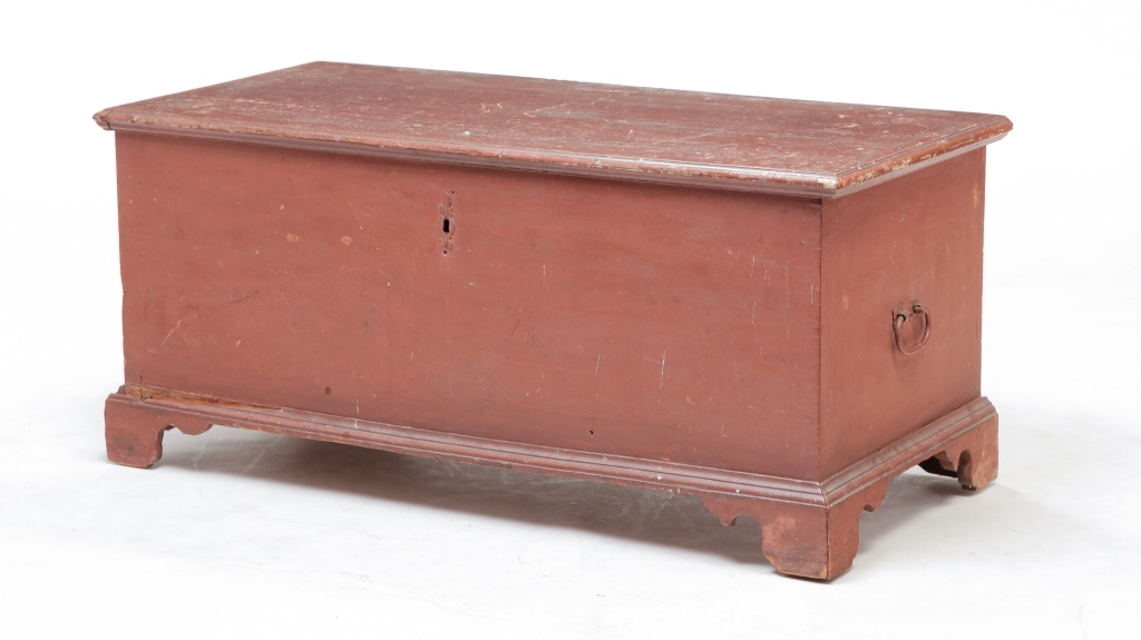 Appraisal: AMERICAN PAINTED CHIPPENDALE BLANKET CHEST Late th century poplar Lid