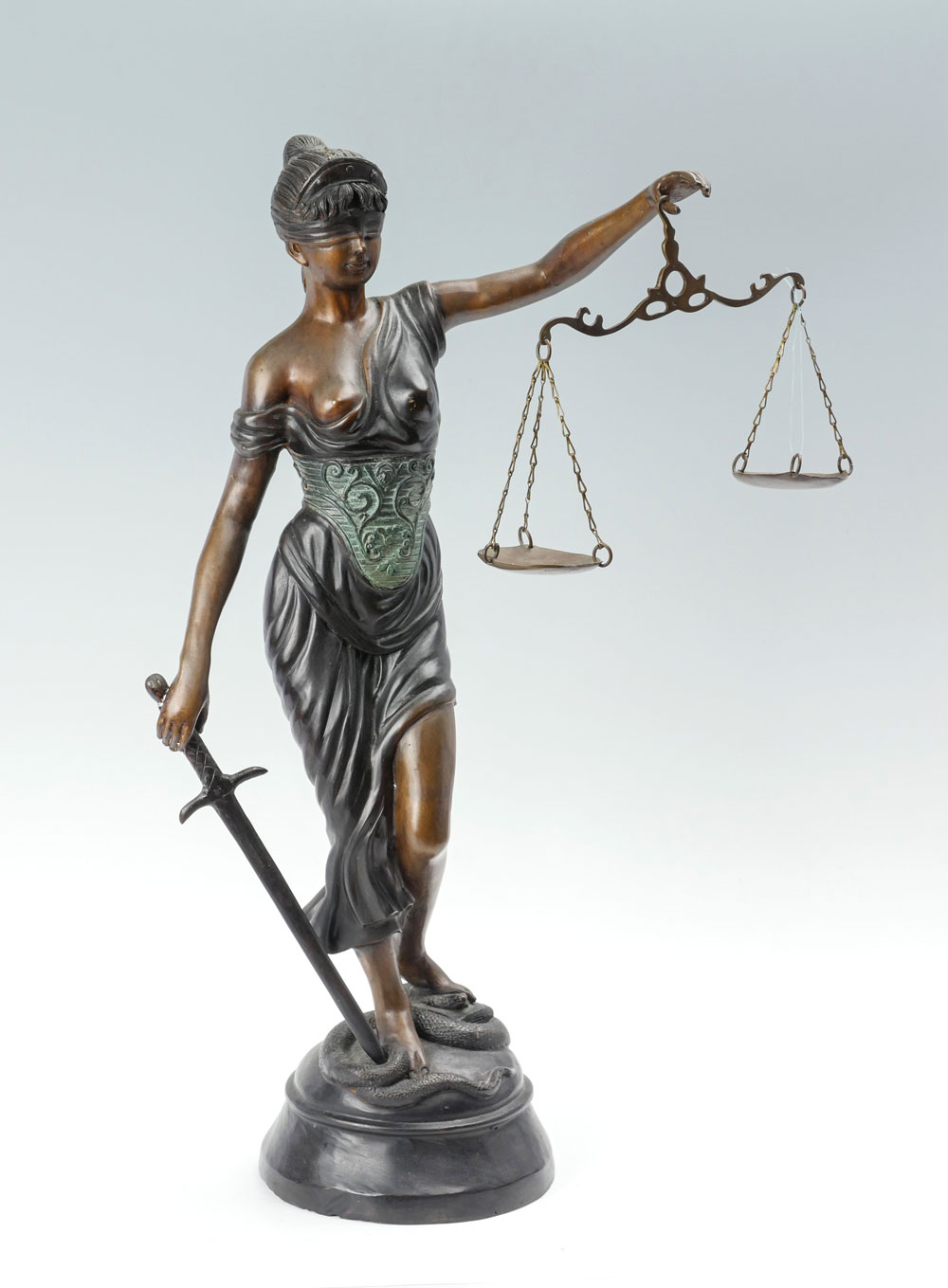 Appraisal: SCALES OF JUSTICE BRONZE Patinated Bronze Sculpture '' h Chain