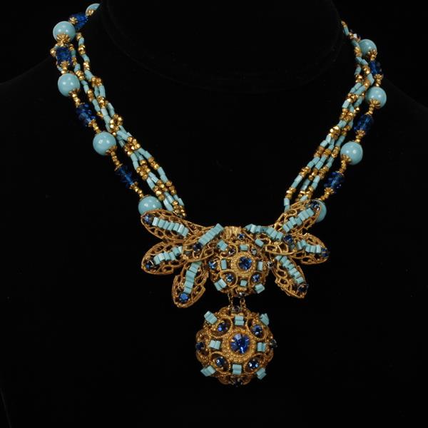 Appraisal: Miriam Haskell Gold Tone Filigree Multi-strand Turquoise Glass Beaded Necklace