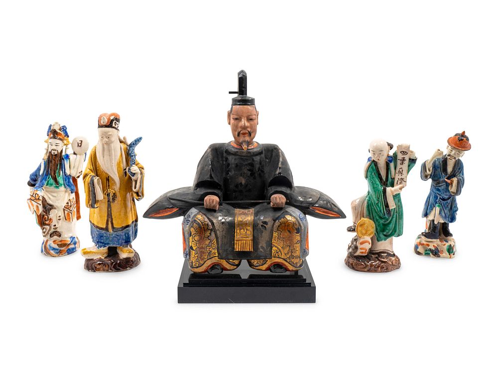 Appraisal: A Japanese Polychromed Wood Figure and Four Chinese Ceramic Figures