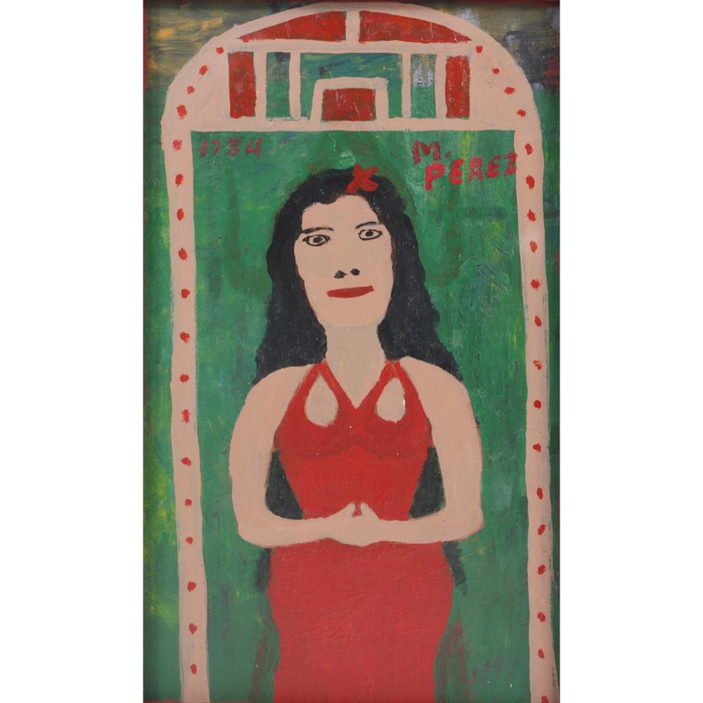 Appraisal: Miguel Perez th Century Woman in Doorway outsider artist Signed