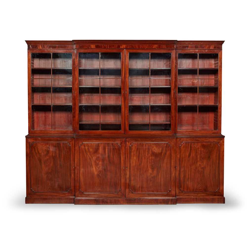 Appraisal: GEORGE III MAHOGANY BREAKFRONT BOOKCASE TH CENTURY the moulded cornice