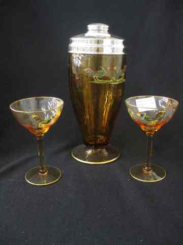 Appraisal: Cambridge Glass Cocktail Set enameled rooster decor '' shaker with