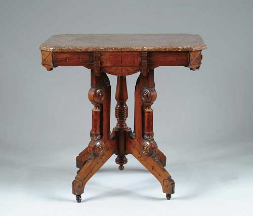 Appraisal: MARBLE TOP VICTORIAN BLACK WALNUT STAND Beveled edge cut corner