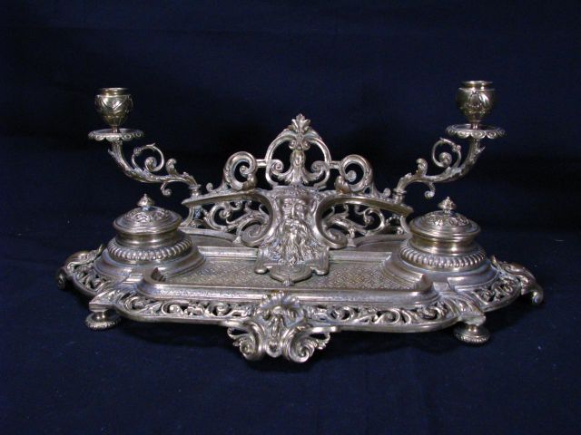 Appraisal: French period style brass ink stand two hinged lid ink