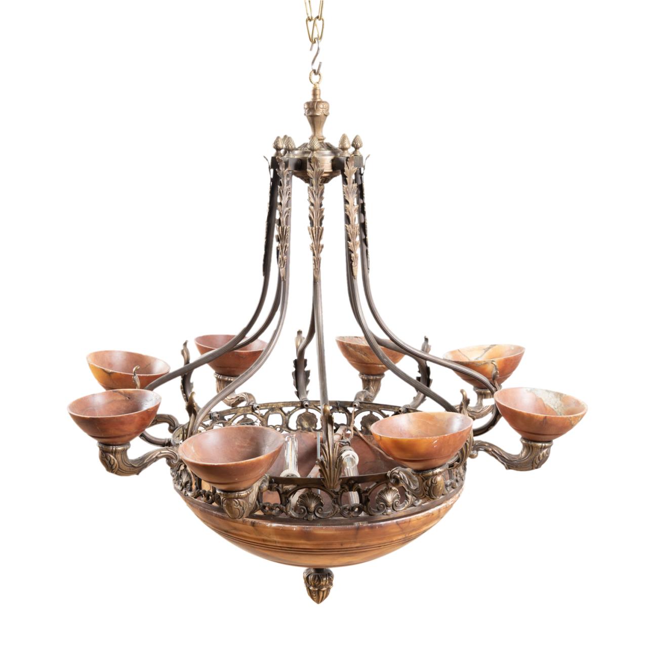 Appraisal: ITALIAN NEOCLASSICAL STYLE ALABASTER CHANDELIER Italian brass eight light chandelier