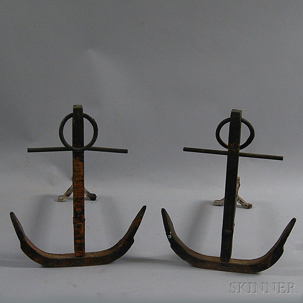 Appraisal: Pair of Cast Iron Anchor Andirons th th century ht