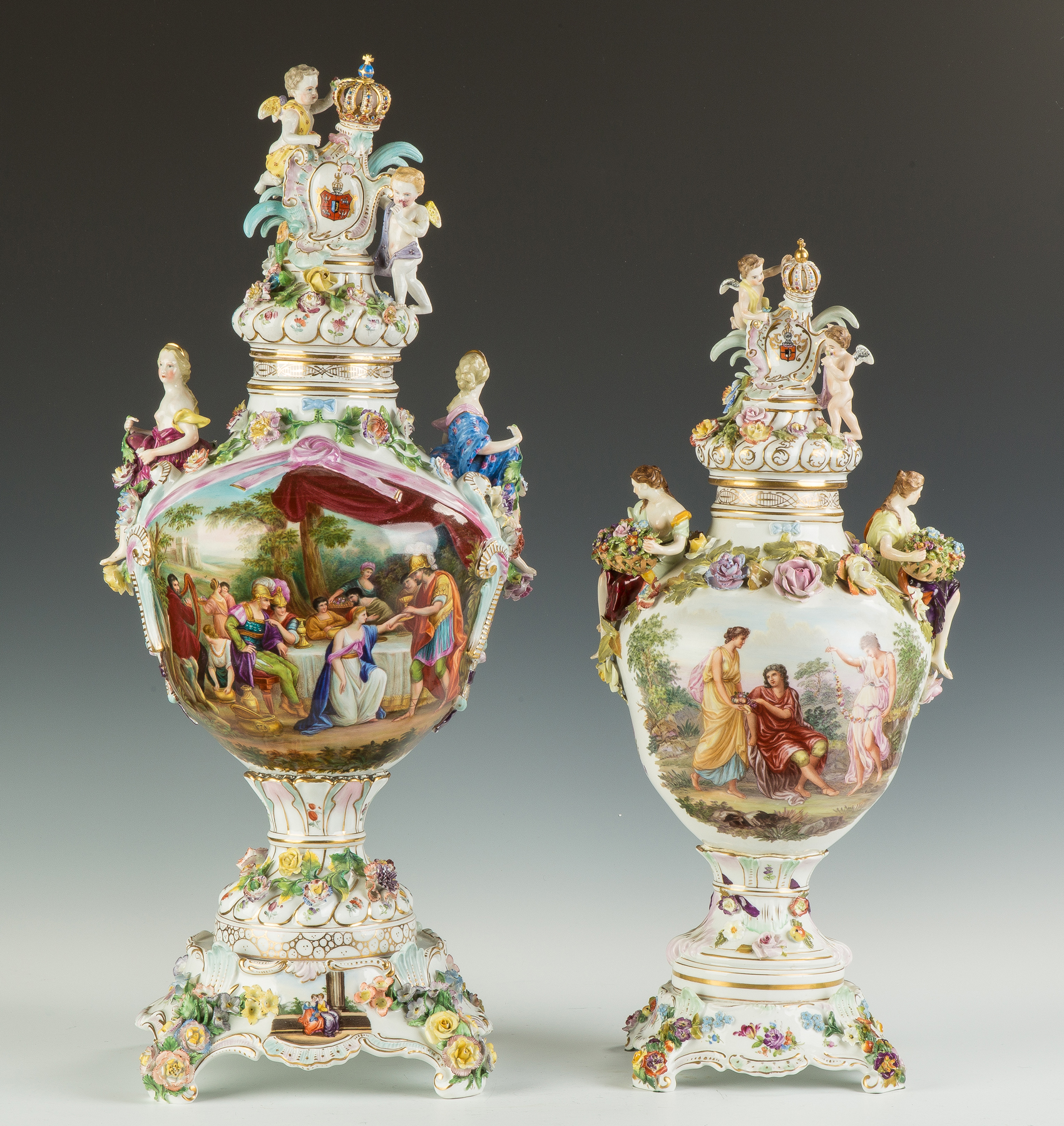 Appraisal: Dresden Covered Urn th century With hand painted scenes and