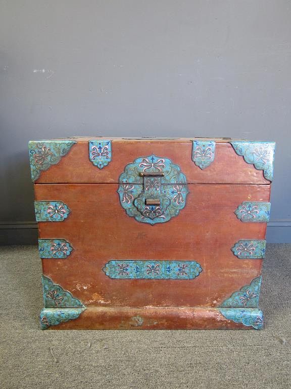 Appraisal: Cloisonne Mounted Leather Trunk Cloisonne mounts in blue green and