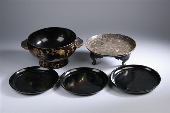 Appraisal: GROUP JAPANESE LACQUER Three black-on-black dishes in diam mother-of-pearl inlaid