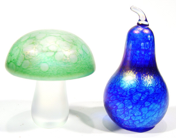 Appraisal: Two John Ditchfield iridescent glass paperweights - one pear shaped