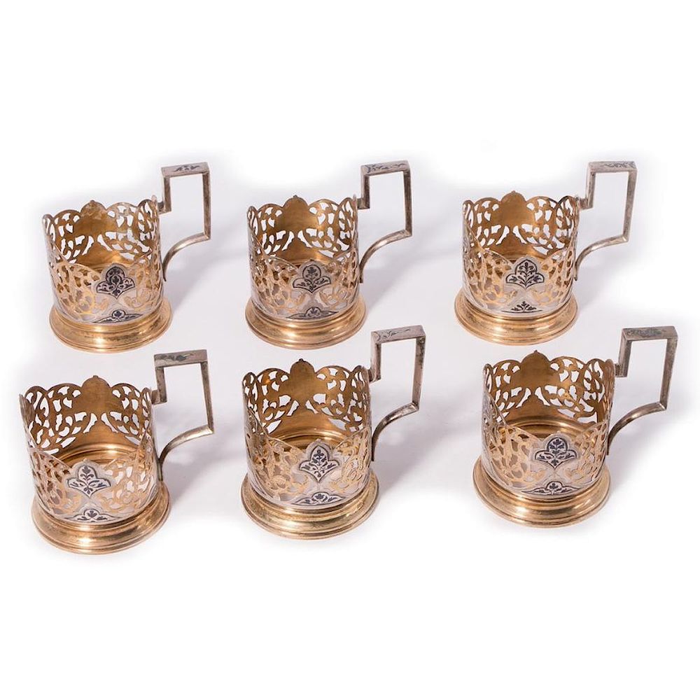 Appraisal: Six Silver and Gold Wash Glass Holders with Handles Russian