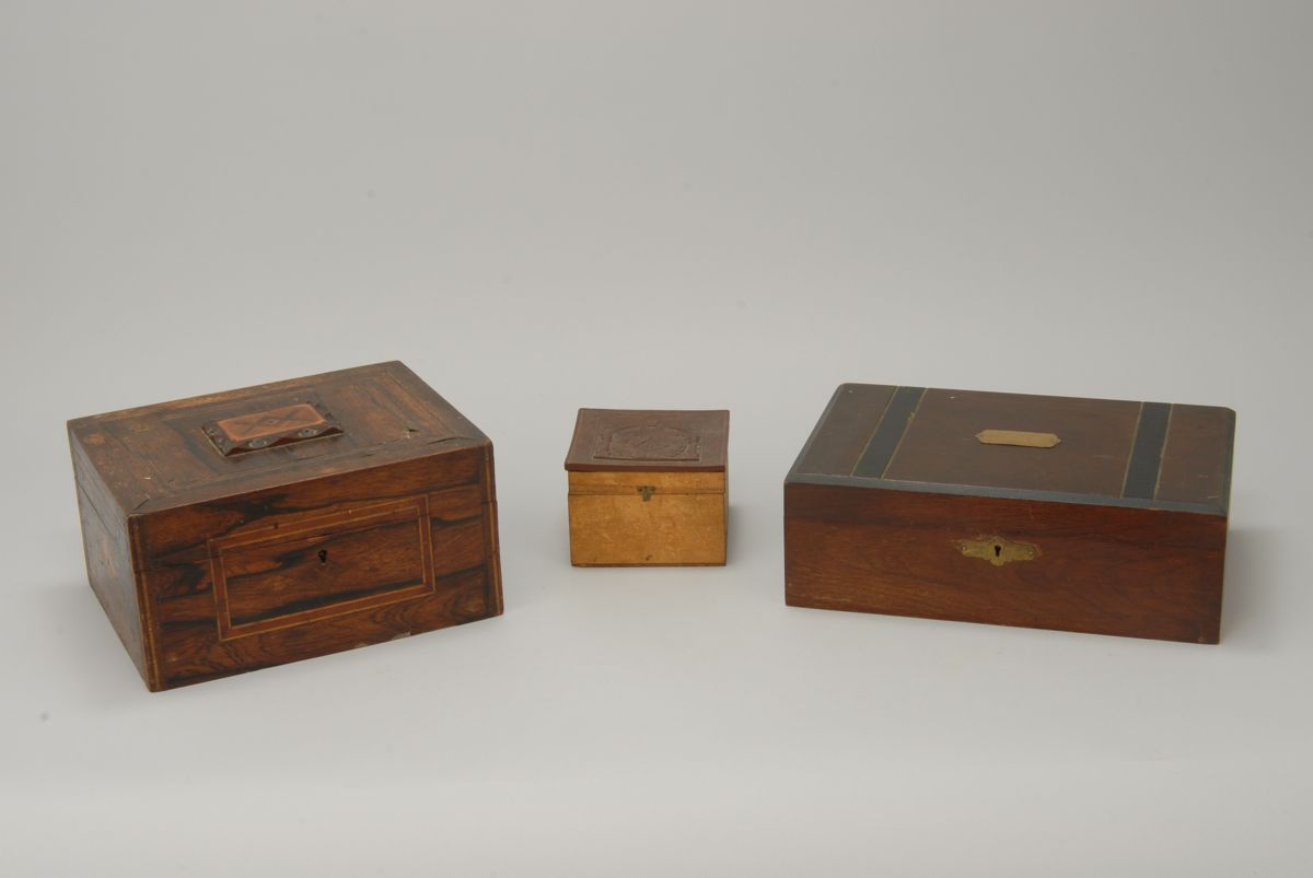 Appraisal: THREE WOODEN LIFT-TOP BOXES Box with Masonic decoration and gutta