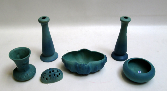 Appraisal: SIX VAN BRIGGLE ART POTTERY PIECES having Ming Blue glaze