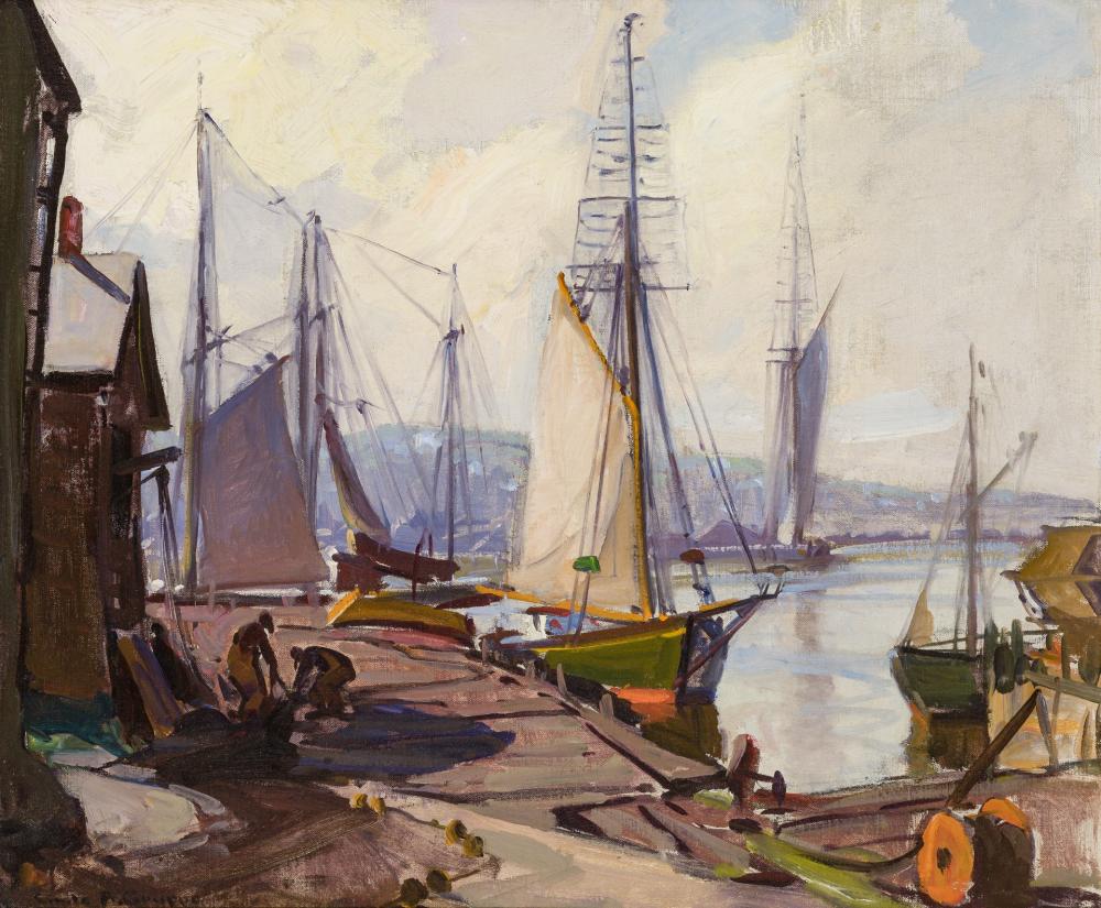 Appraisal: EMILE ALBERT GRUPPE American - Sailboat at Dock oil on