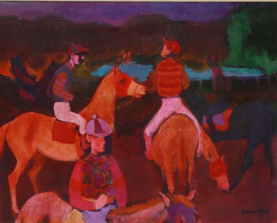 Appraisal: Framed acrylic on canvas painting Jockeys signed lower right Likan