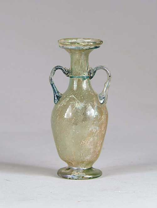 Appraisal: EARLY ANTIQUITIES BOTTLE Roman green glass shouldered vase with two