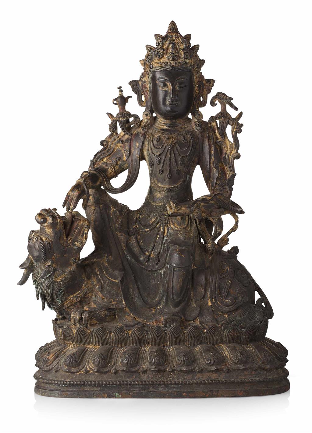 Appraisal: BRONZE FIGURE OF AVALOKITESHVARA SEATED ON A MYTHICAL BEAST QING