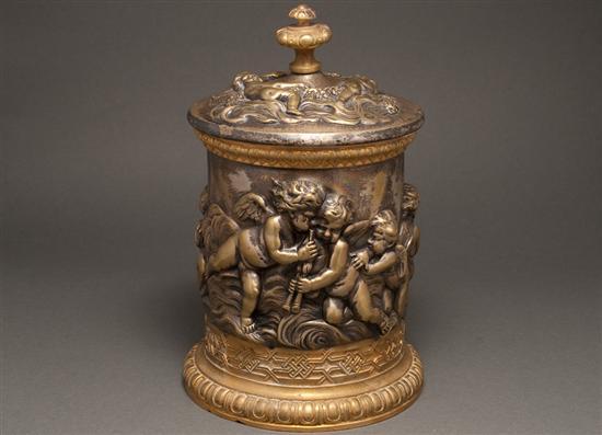 Appraisal: Continental Neoclassical style silver-plated and gilt bronze canister marked with