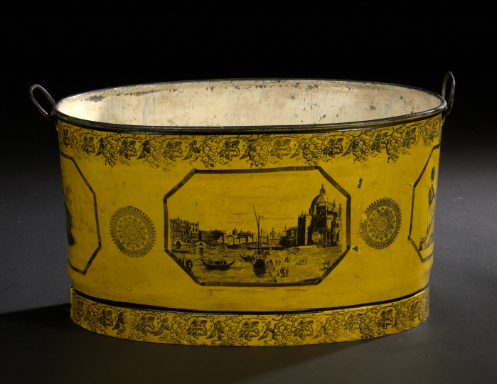 Appraisal: French Yellow and Black Tole-Peinte and Decoupage Oval Two-Handled Foot