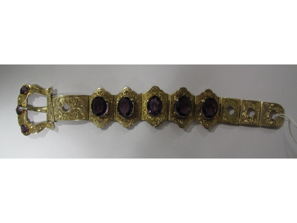 Appraisal: Engraved gilt metal bracelet set with amethysts and with buckle