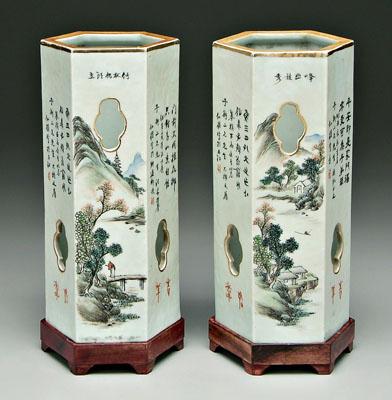 Appraisal: Pair Chinese porcelain hat stands hexagonal with quatrefoil openings mirrored