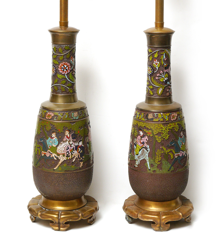 Appraisal: PAIR ORIENTAL CHAMPLEVE TABLE LAMPS Body with brown ground champleve