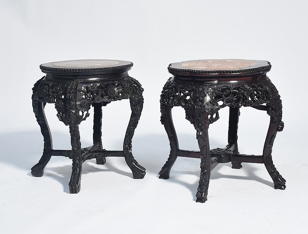 Appraisal: Two th C Chinese carved rosewood and marble inset stands