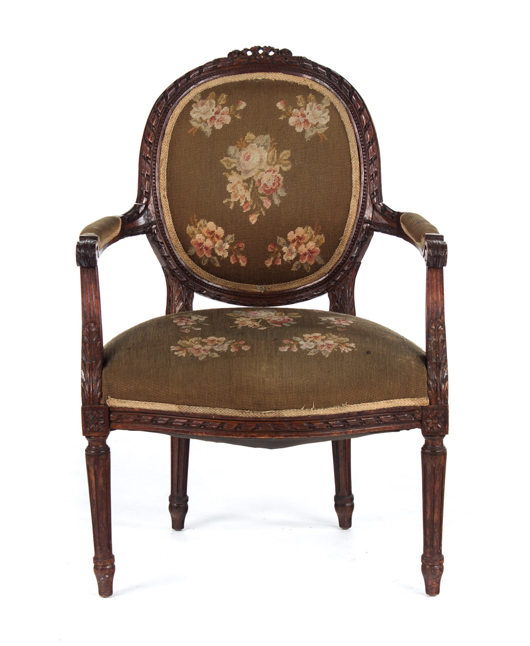 Appraisal: Louis XVI style carved walnut upholstered fauteuil late th early