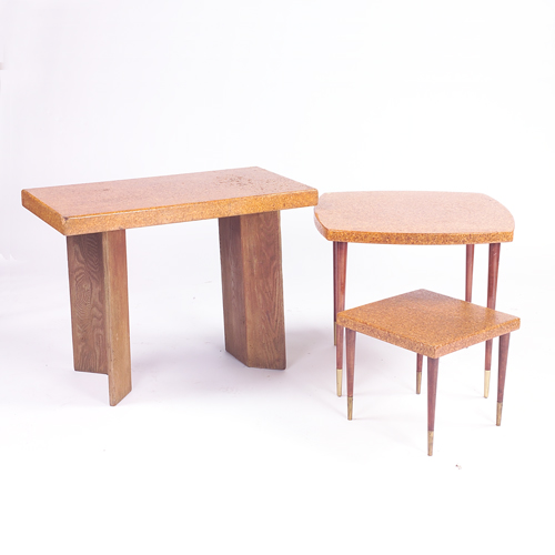 Appraisal: Three Paul Frankl pieces two laminated cork-top tables on tapering