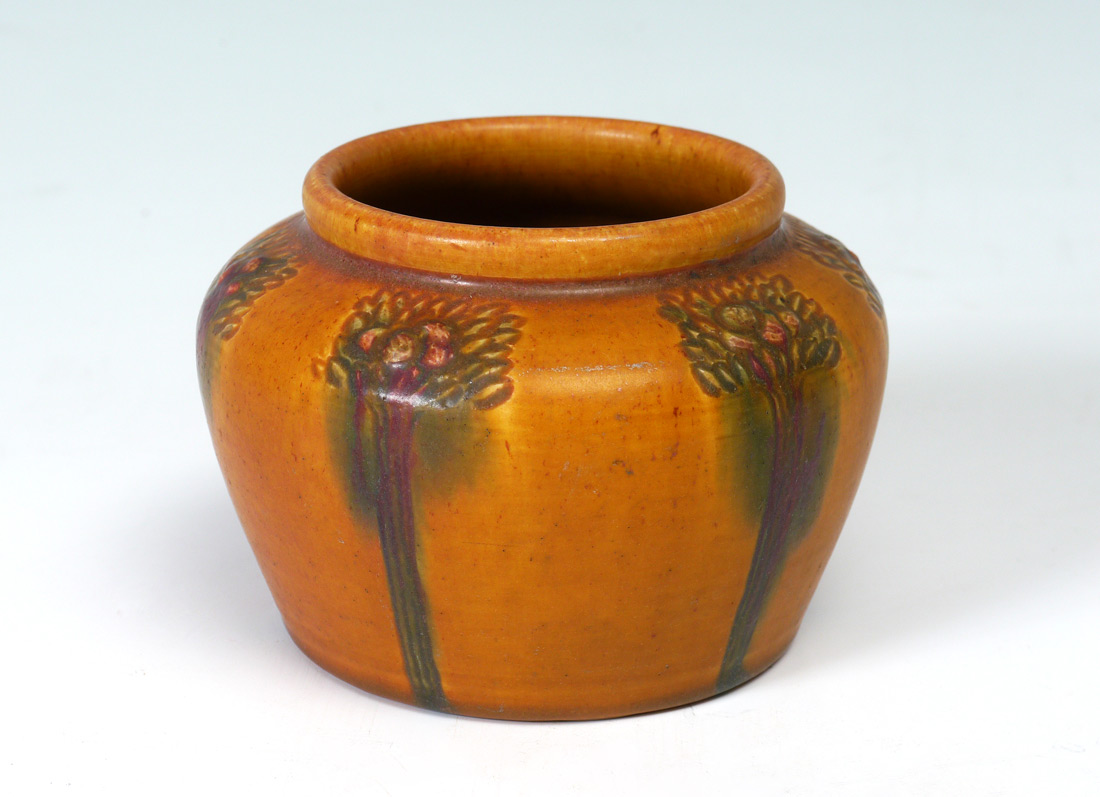 Appraisal: WILLIAM HENTSCHEL ROOKWOOD POTTERY VASE Carved with chrysanthemums blossoms at