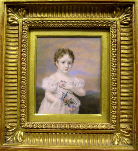 Appraisal: Portrait miniature of child holding a floral spray and rose