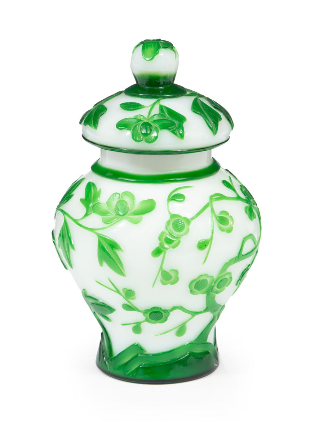 Appraisal: CHINESE APPLE GREEN OVERLAY WHITE GLASS JARChinese Apple Green Overlay