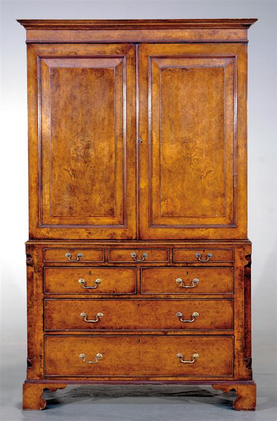 Appraisal: Georgian burlwood linen press early th century molded cornice and