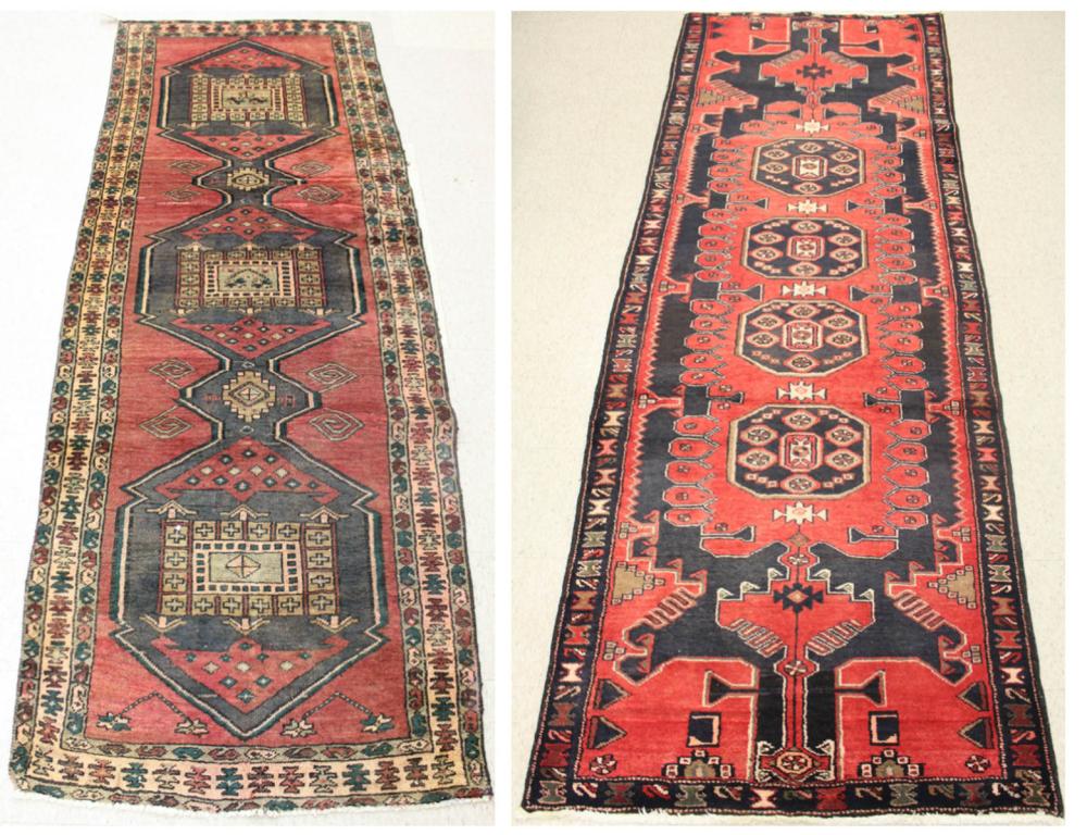 Appraisal: TWO SEMI-ANTIQUE PERSIAN TRIBAL AREA RUGS both geometric design on