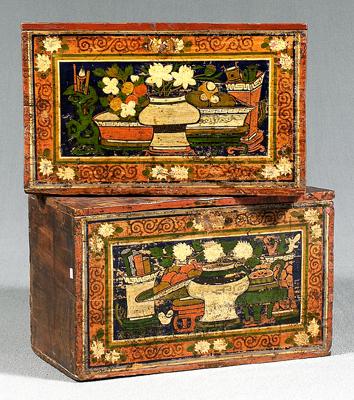 Appraisal: Two similar painted Mongolian boxes lift off lids hand planed