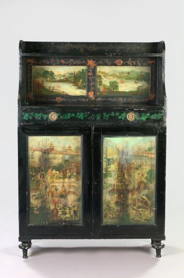 Appraisal: Victorian Ebonized and Polychromed Parlor Cabinet late th century the