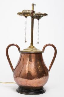 Appraisal: Hammered Copper Pot Lamp The pot with two jug ear