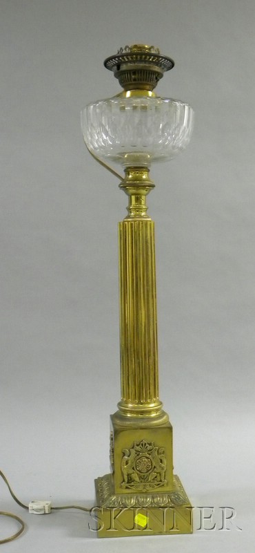 Appraisal: Brass Columnar and Colorless Cut Glass Banquet Kerosene Table Lamp