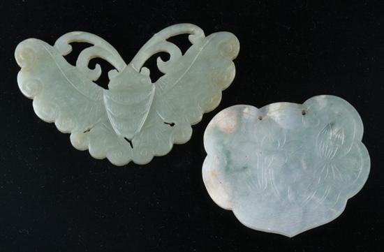 Appraisal: TWO CHINESE CELADON JADE PENDANTS One carved to depict butterfly