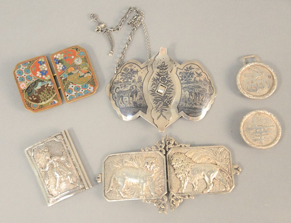 Appraisal: Five belt buckles to include four silver and one cloisonne