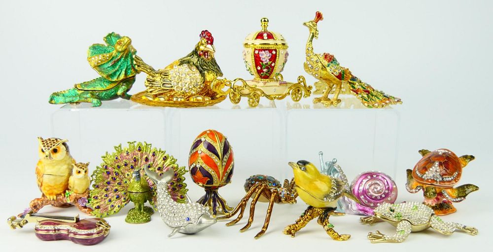 Appraisal: ENAMELED METAL FIGURAL TRINKET BOXES ENAMELED METAL FIGURAL TRINKET BOXES