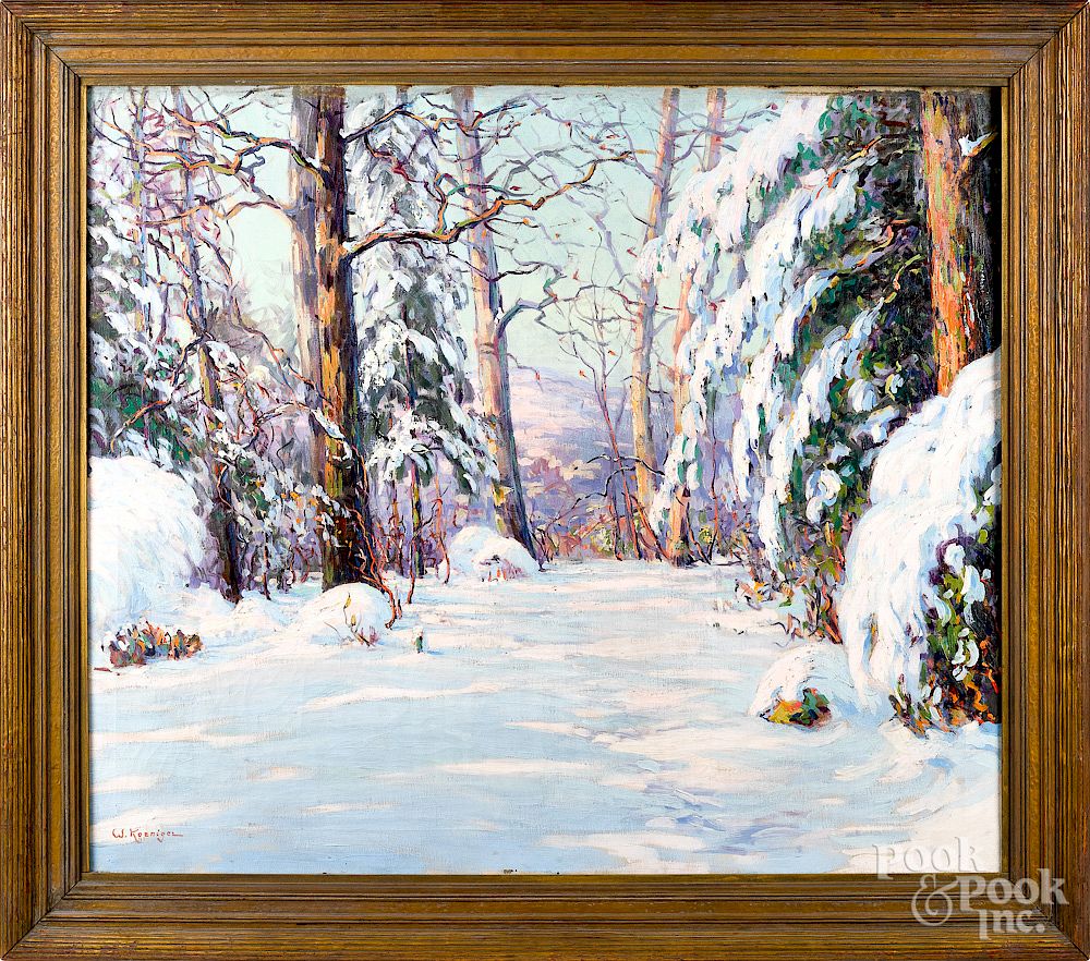 Appraisal: Walter Koeniger oil on canvas winter landscape Walter Koeniger American