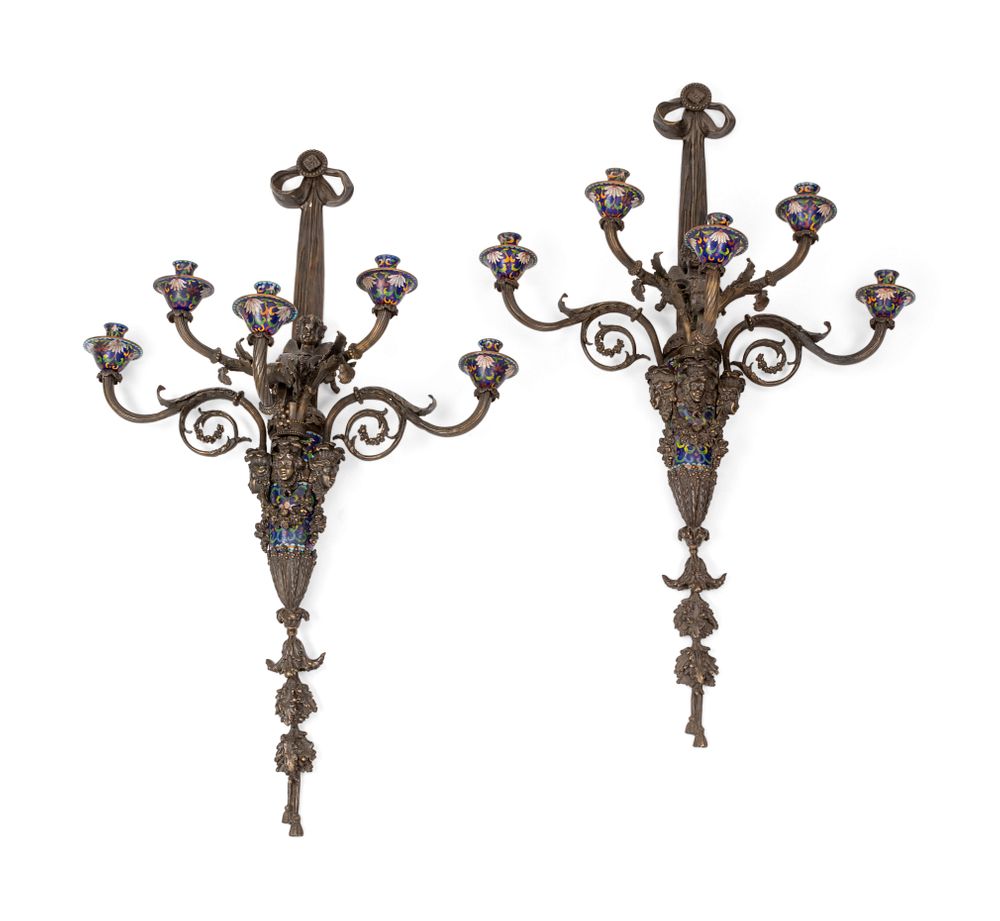 Appraisal: A Pair of Neoclassical Bronze and Cloisonne Five-Light Sconces A