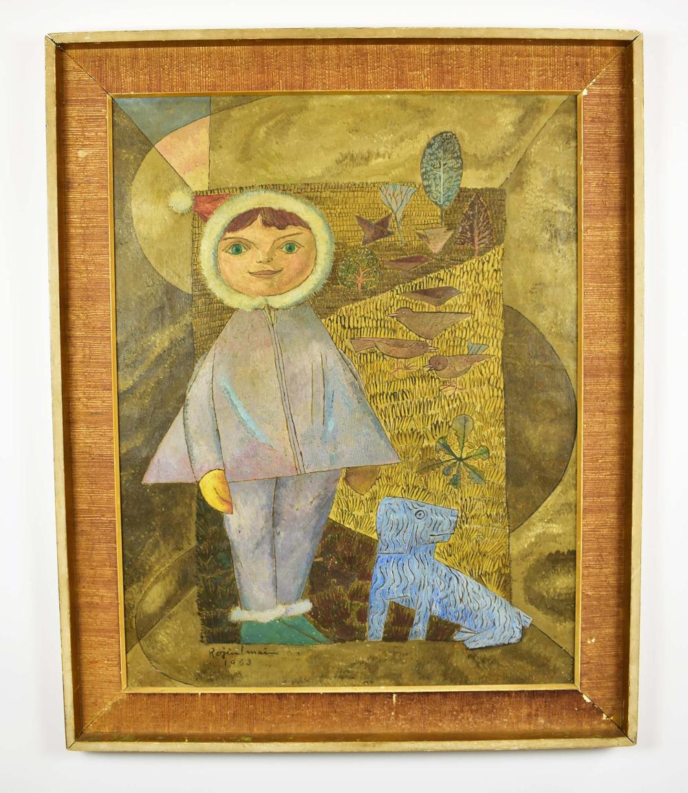 Appraisal: MID TH CENTURY OIL ON CANVAS PAINTINGFigure with Blue Dog