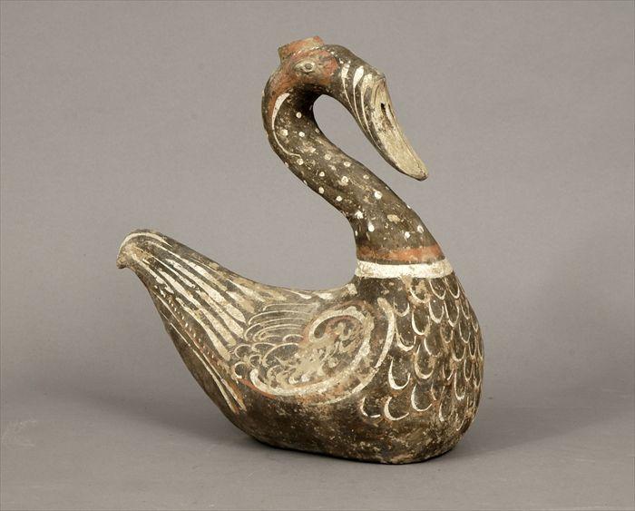 Appraisal: Han-Style Painted Pottery Swan-Form Vessel x in