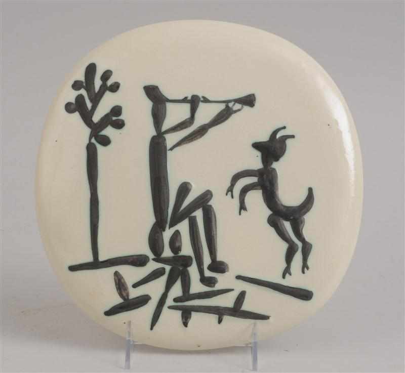 Appraisal: PABLO PICASSO MADOURA CERAMIC PLATE WITH DANCING SATYR Stamped ''Madoura