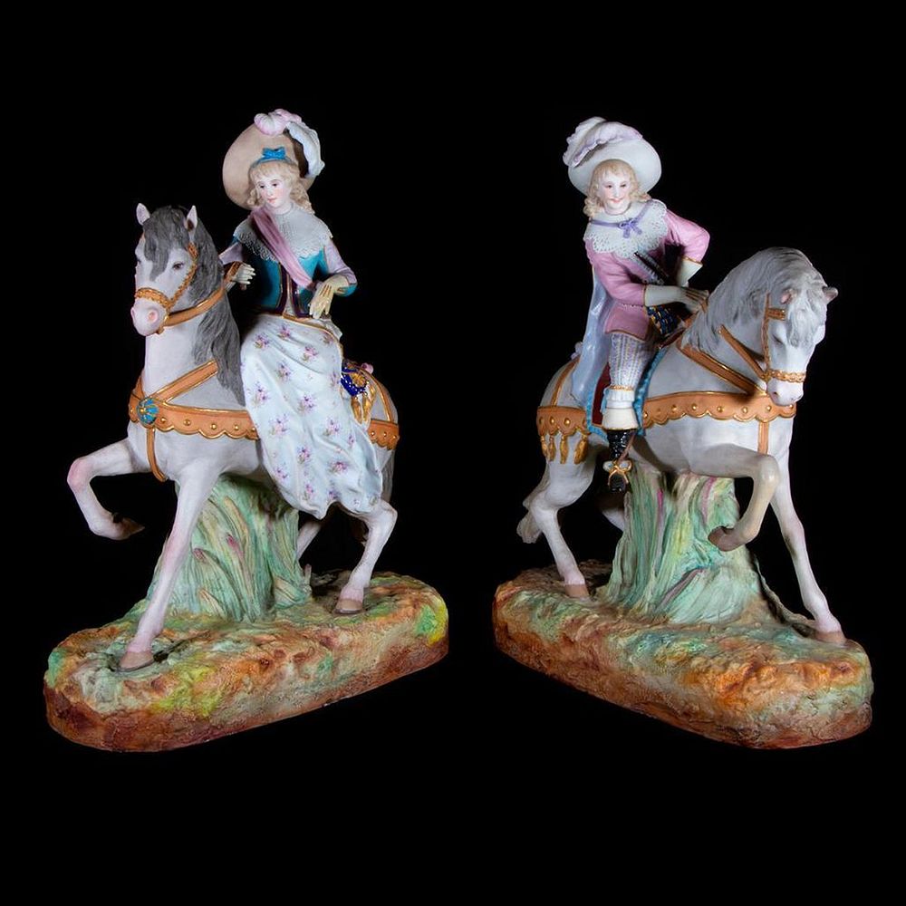 Appraisal: Pair of bisque equestrians A pair of Continental porcelain bisque